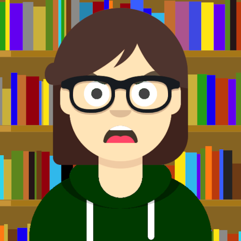 Cartoon avatar of a quite pale white bespectacled brunette geek girl whose open downturned mouth is adamantly advocating an important point or three. A bookcase is behind her.